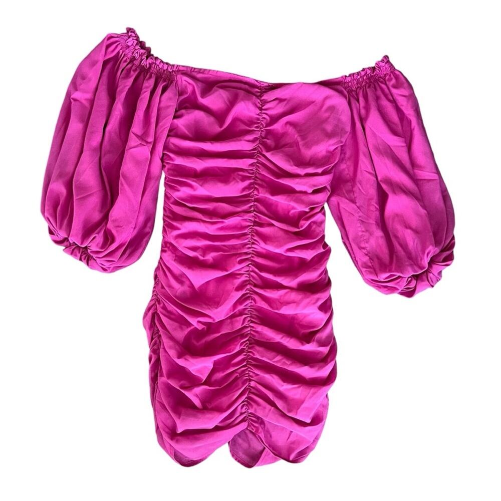 For Love And Lemons Bali Puff Sleeve Hot Barbie Pink Ruched Bodycon Mini Dress - Picture 2 of 12